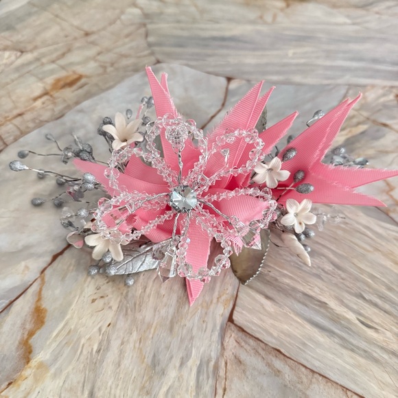 Elegant Pink and Silver Floral‎ Hair Accessory Hair Clip with Crystals
